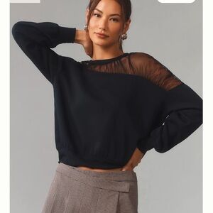 Anthropologie Maeve Black Sheer-Shoulder Pullover Knit Top size L